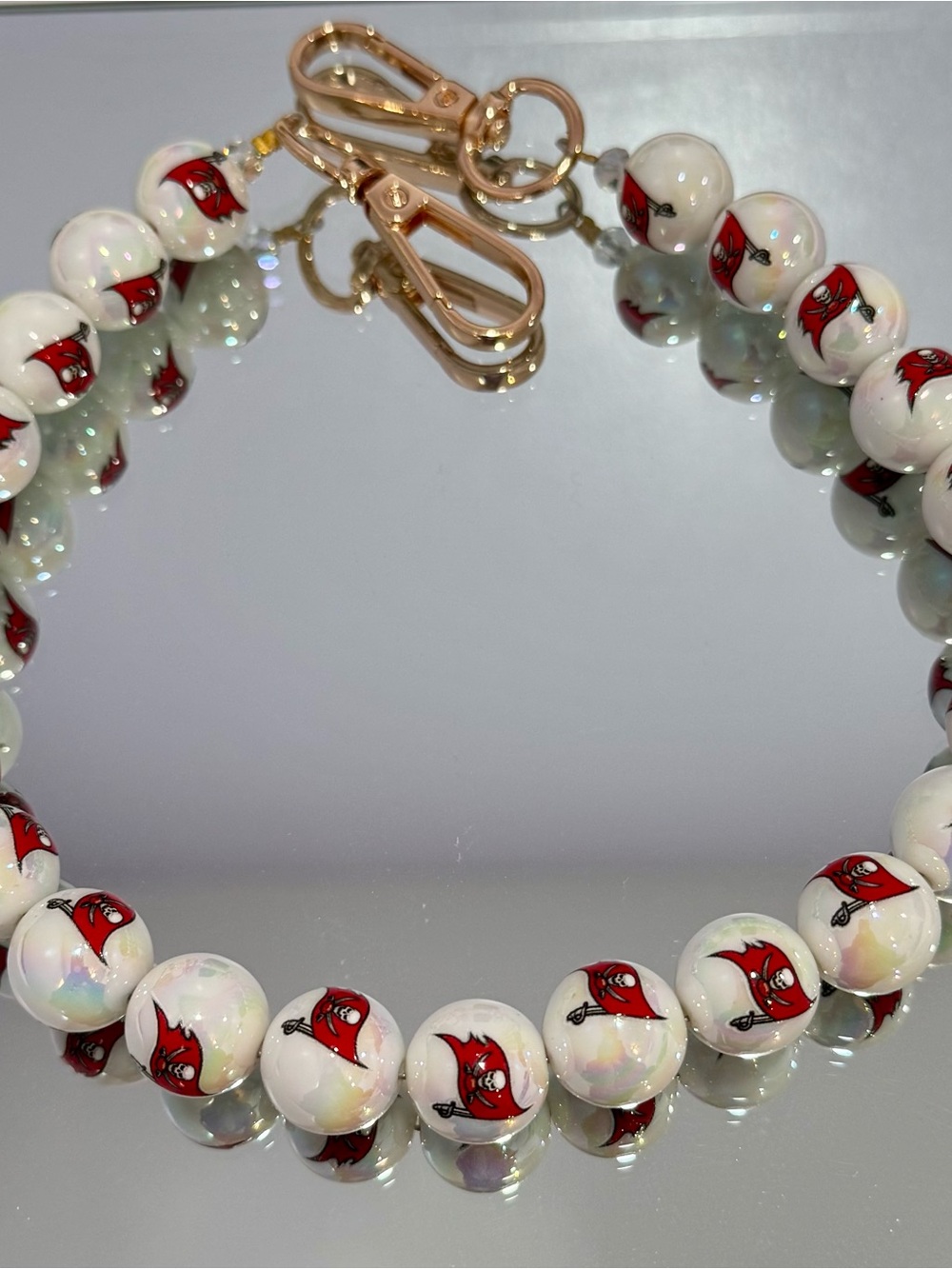 New White Beaded Tampa Bay Bucs Bag Chain 18 inches  and Gold Hardware
